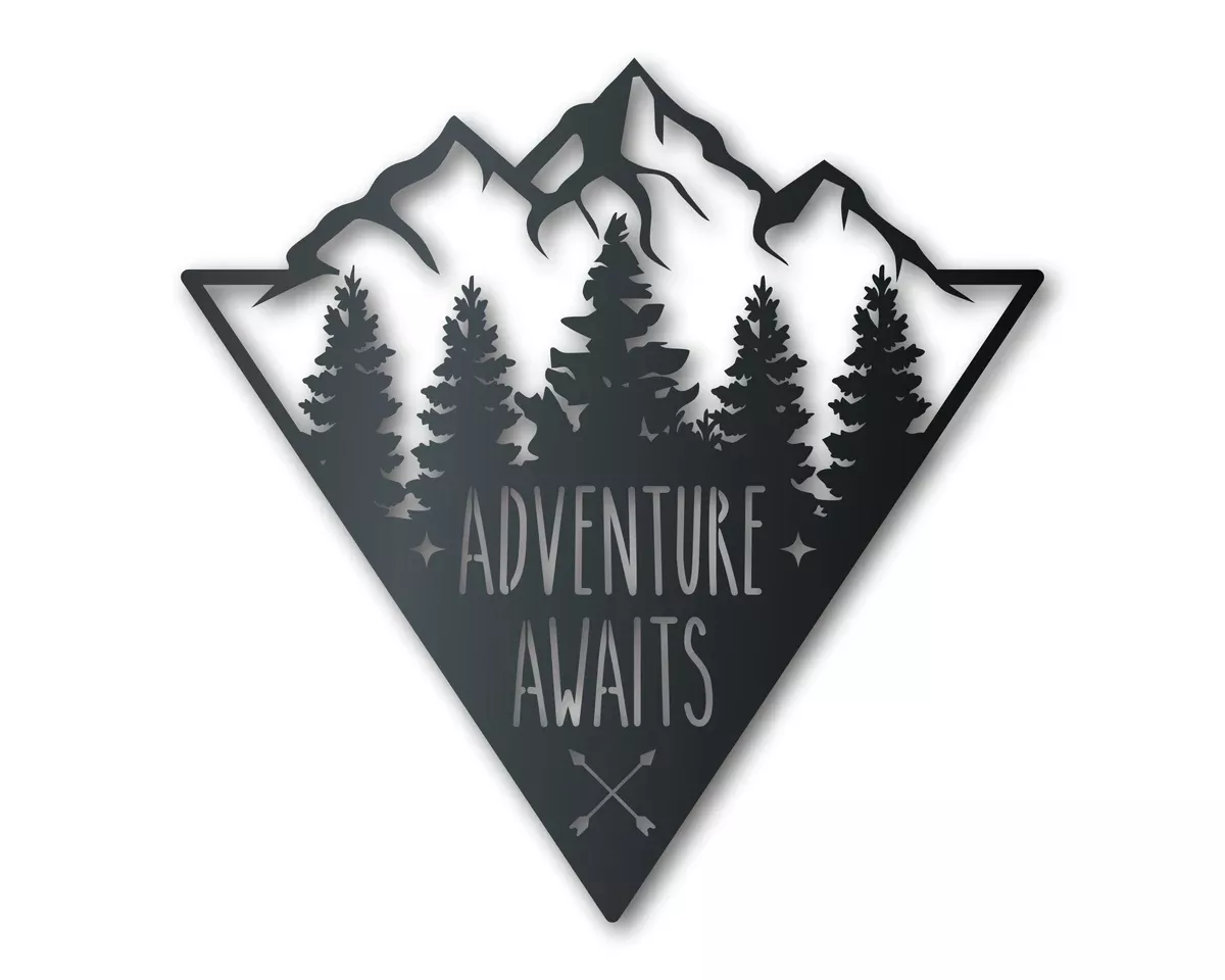 Adventure Mountains Metal Sign | Mountain Forest Wall Art | Indoor Outdoor | Up to 46" | Over 20 Color Options