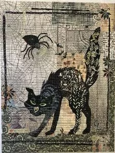 Fiberworks LHFWBLACKCAT Black Cat Collage Pattern 24x32 by Laura Heine
