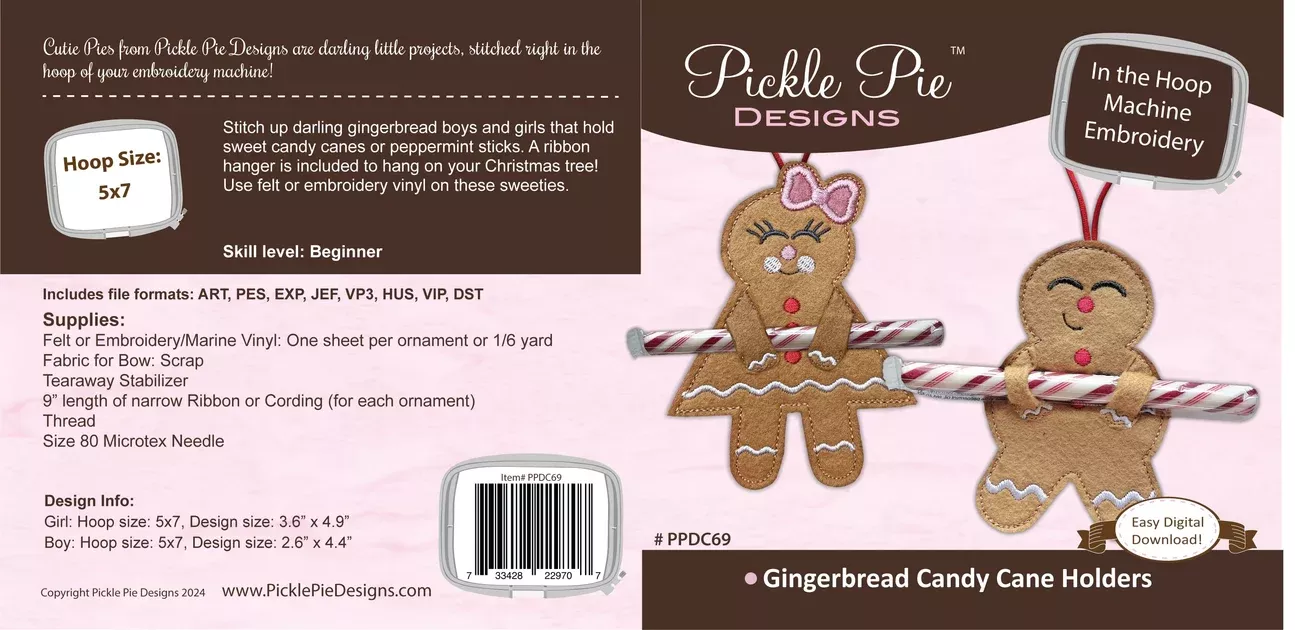 Gingerbread Candy Cane Holders In the Hoop Machine Embroidery Design