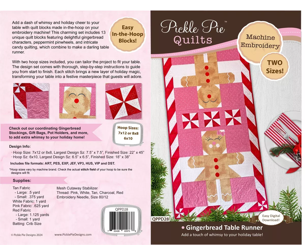 Gingerbread In-the-Hoop Table Runner Quilt Embroidery Design Set