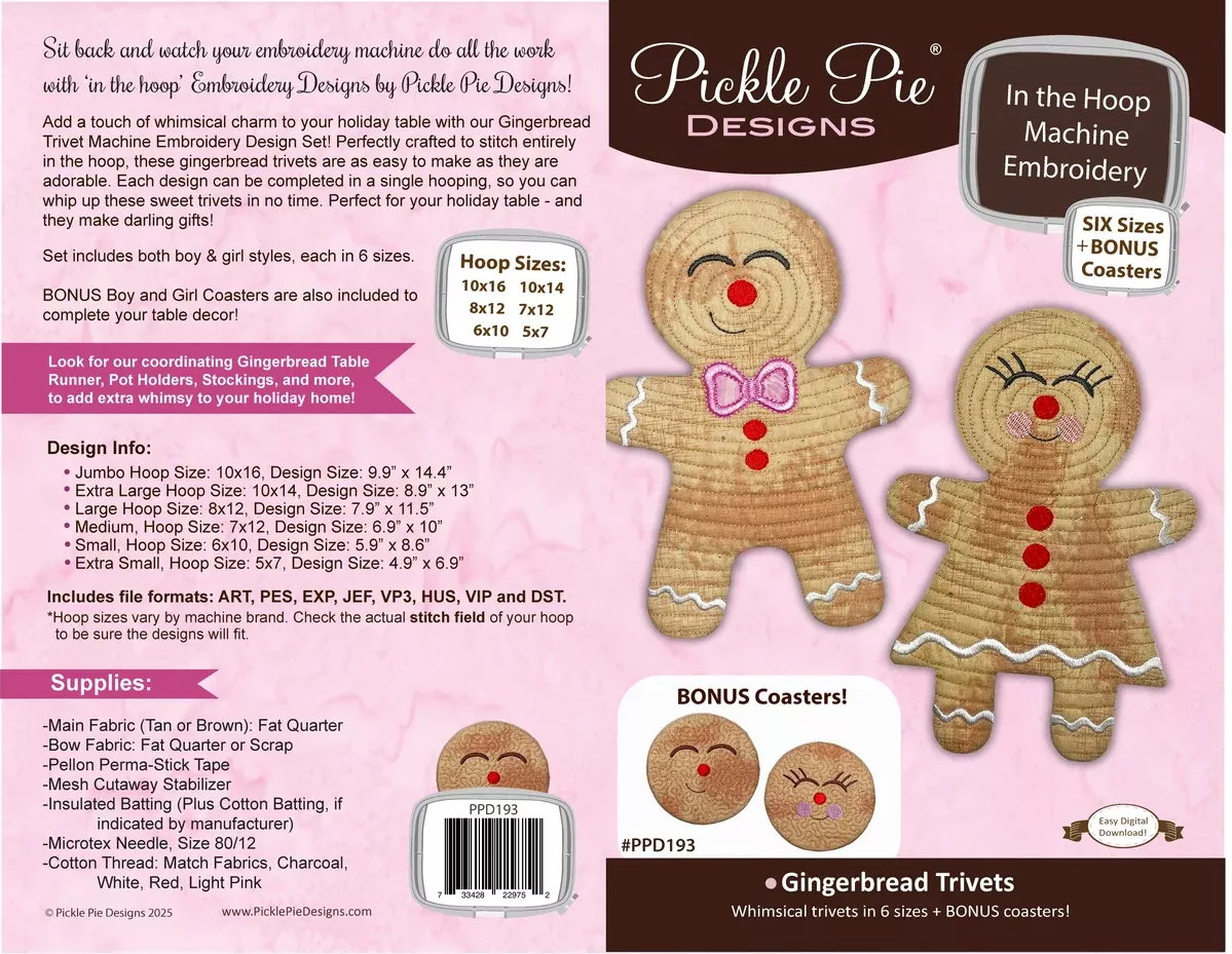 Gingerbread Trivets & BONUS Coasters In the Hoop Machine Embroidery Design Set