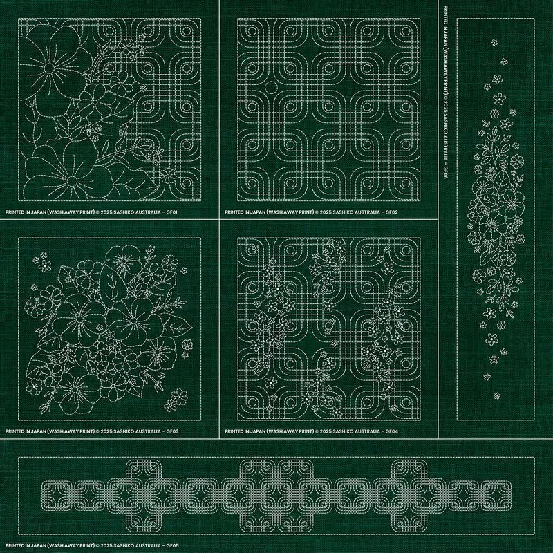 Sashiko Australia Geometric Floral Collection - 6 Designs GREEN
