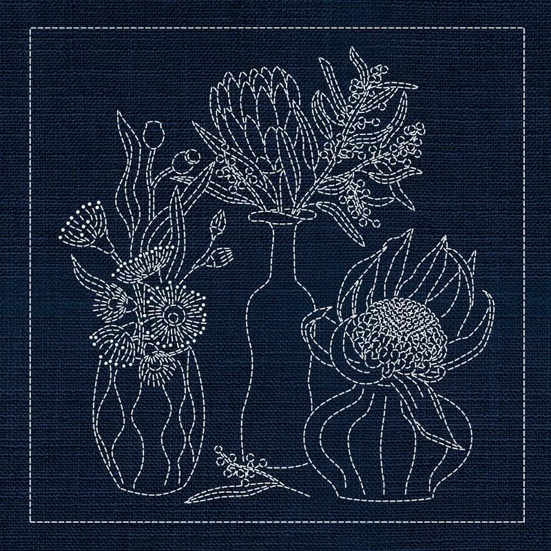 Sashiko Australia Native Flowers 4 - Indigo