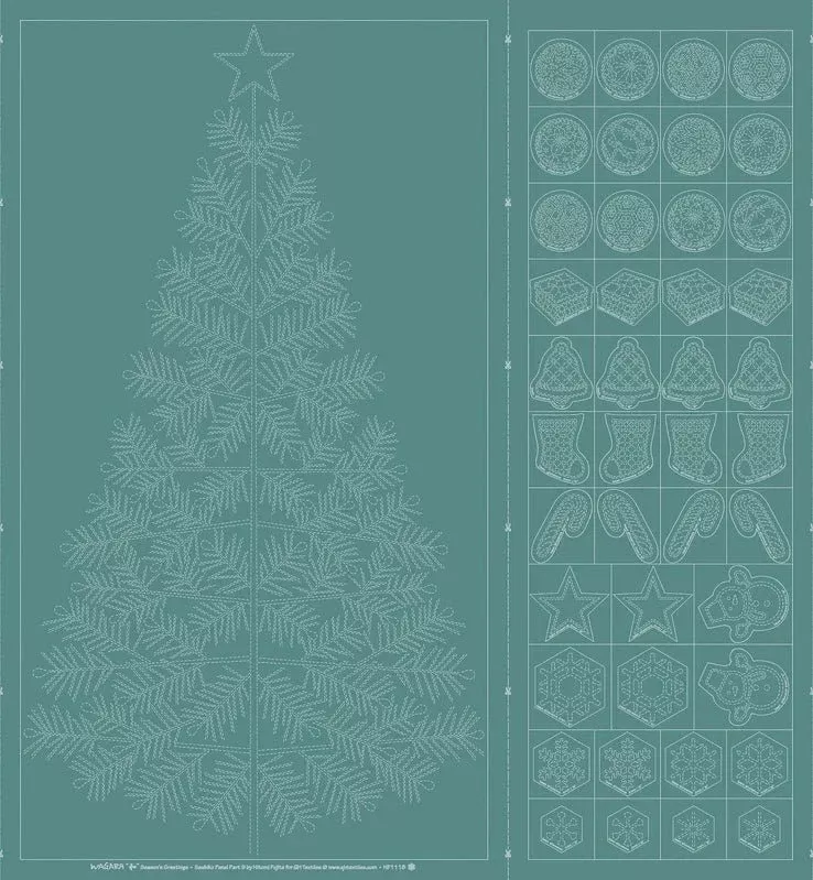 Wagara Sashiko Panel Season's Greeting Teal Blue